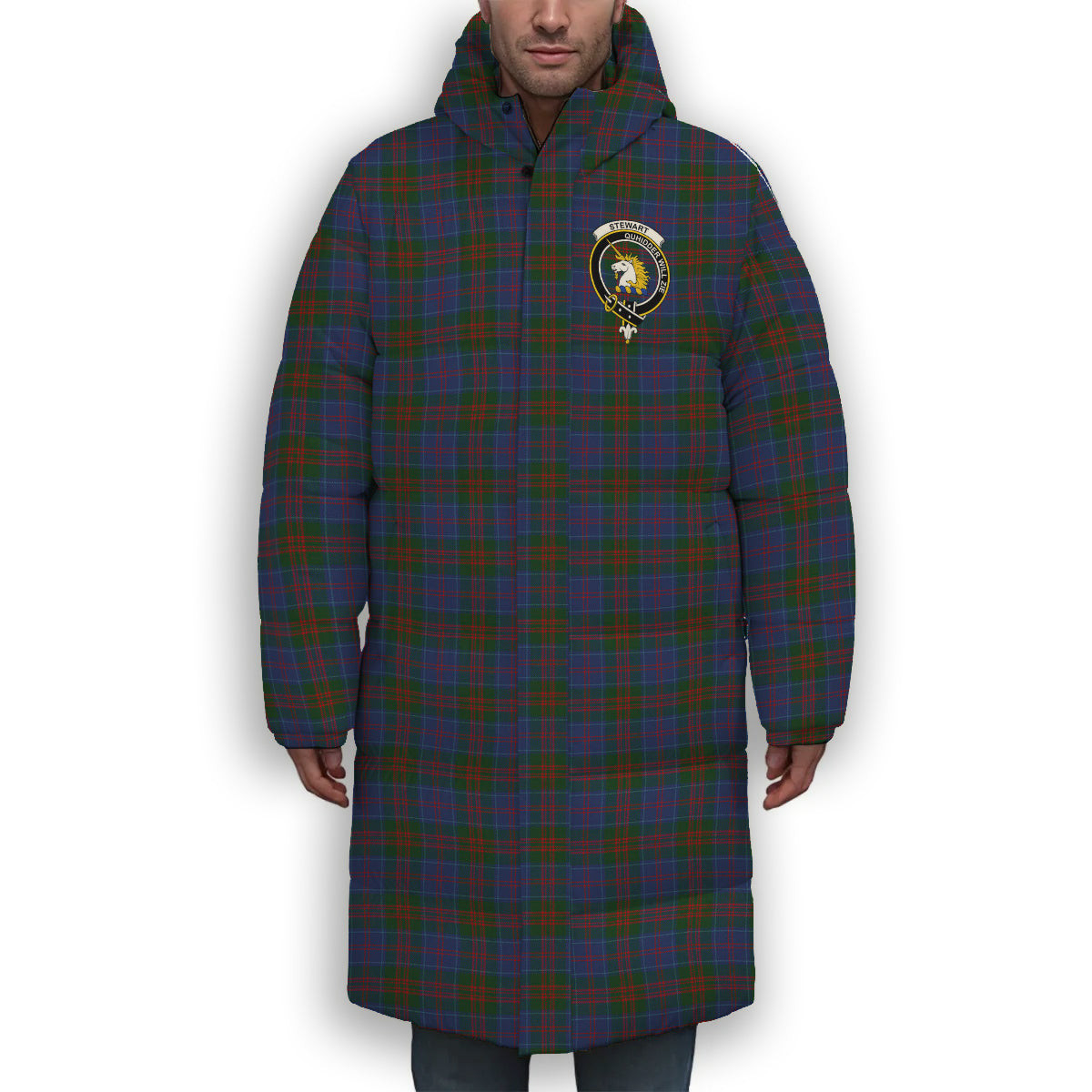 ScotsTee Shop Scottish Stewart of Appin 2 Crest Tartan Long Down Jacket Winter White Duck Down Plaid