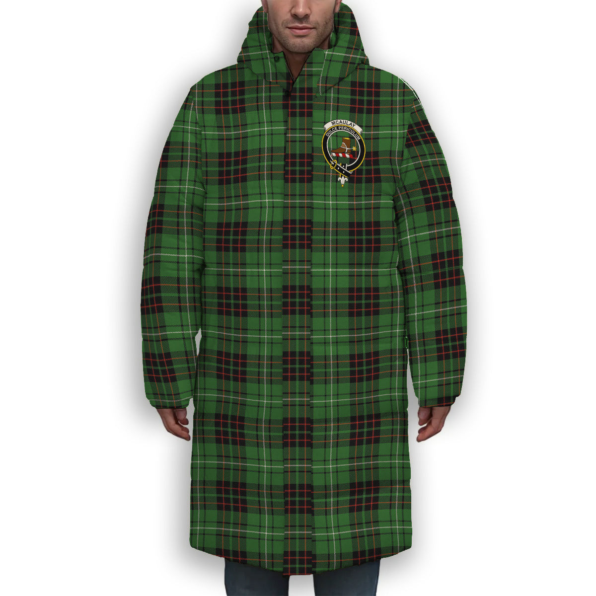 ScotsTee Shop Scottish McAulay of Lewis Ancient Crest Tartan Long Down Jacket Winter White Duck Down Plaid