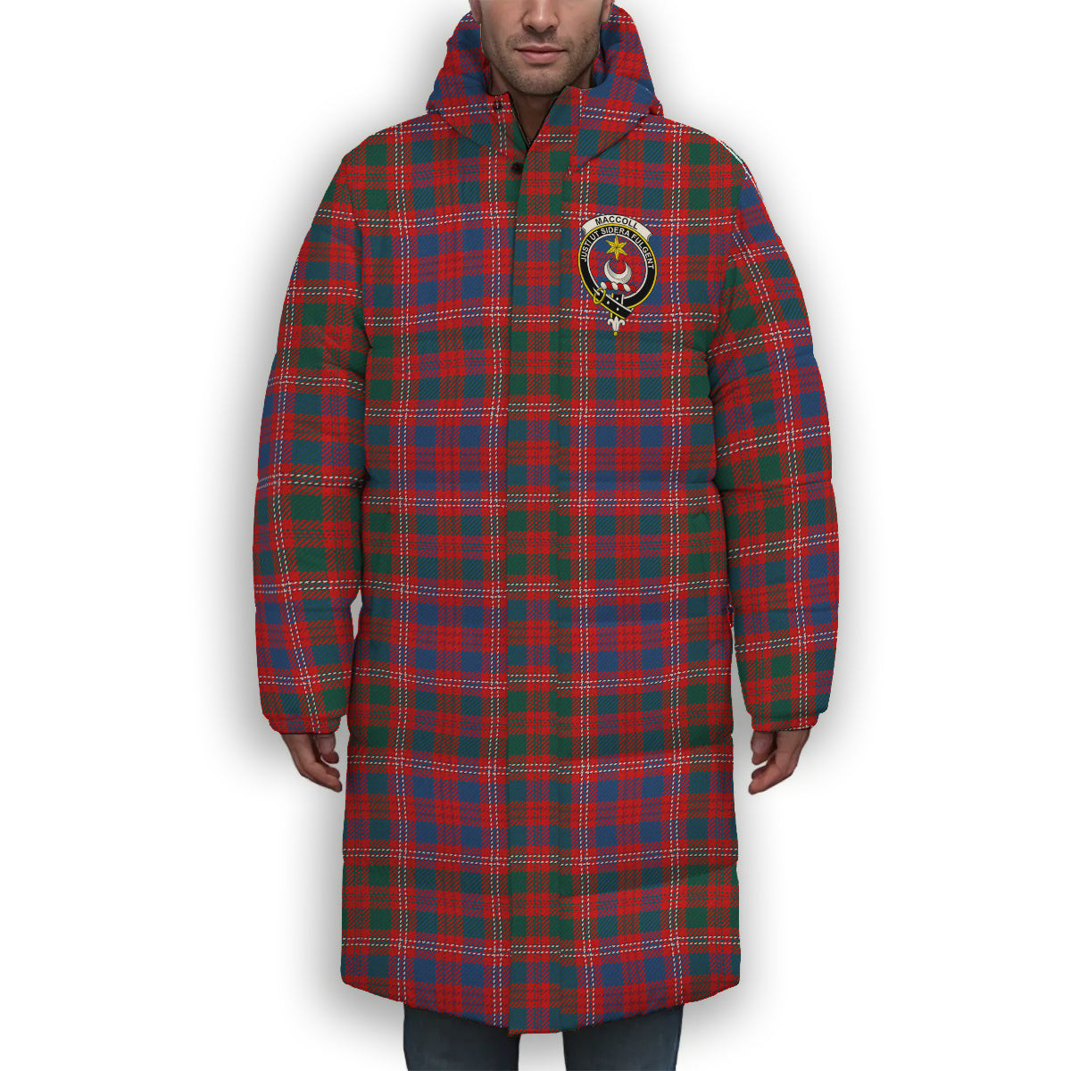 ScotsTee Shop Scottish MacColl Hunting Modern Crest Tartan Long Down Jacket Winter White Duck Down Plaid