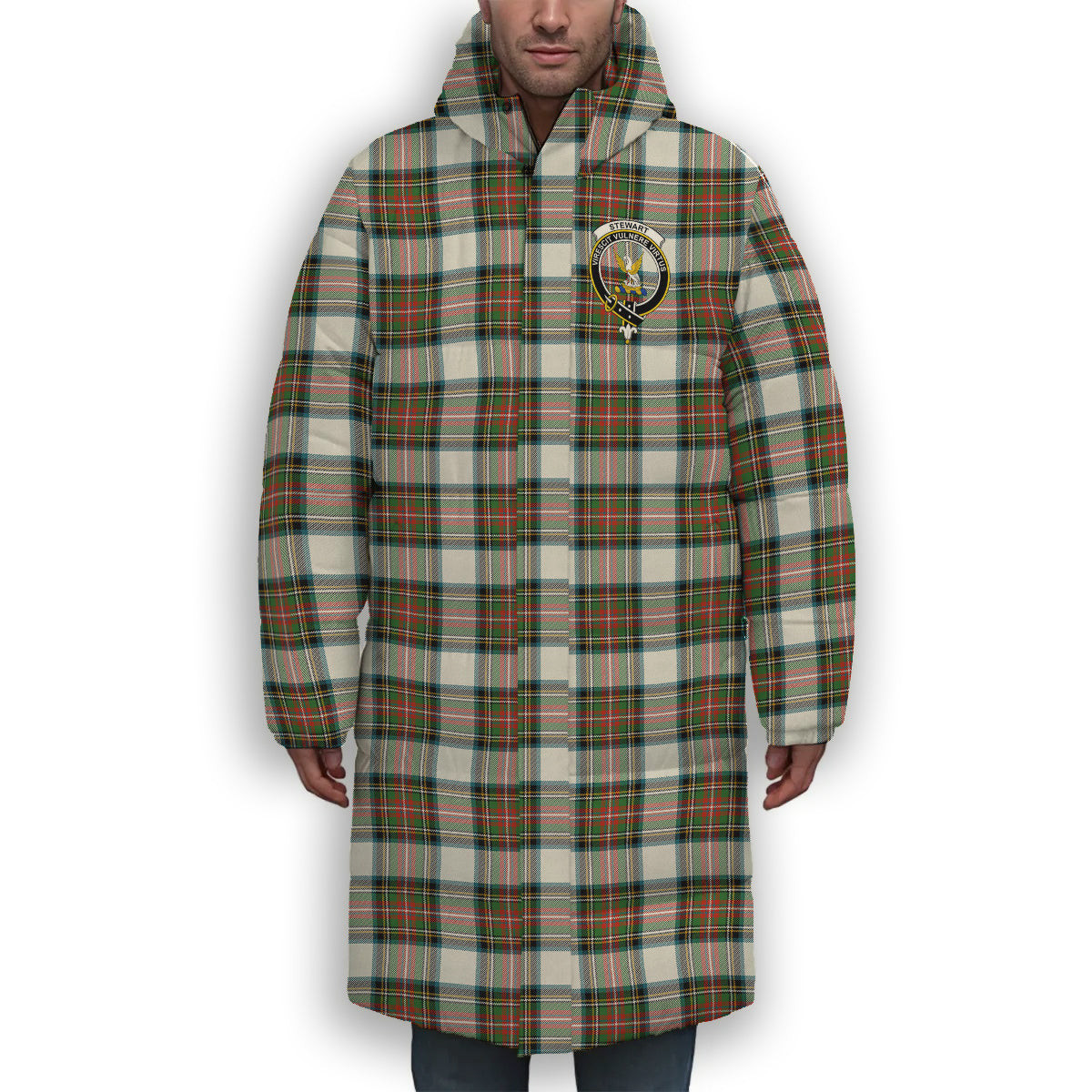 ScotsTee Shop Scottish Stewart Dress Ancient Crest Tartan Long Down Jacket Winter White Duck Down Plaid
