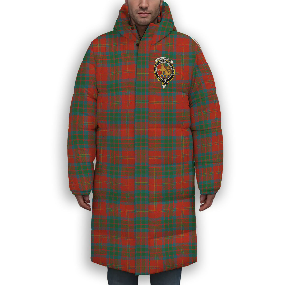 ScotsTee Shop Scottish McPherson of Cluny Ancient Crest Tartan Long Down Jacket Winter White Duck Down Plaid