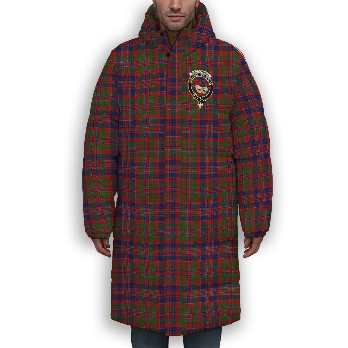 ScotsTee Shop Scottish MacDonald of Boisdale Crest Tartan Long Down Jacket Winter White Duck Down Plaid