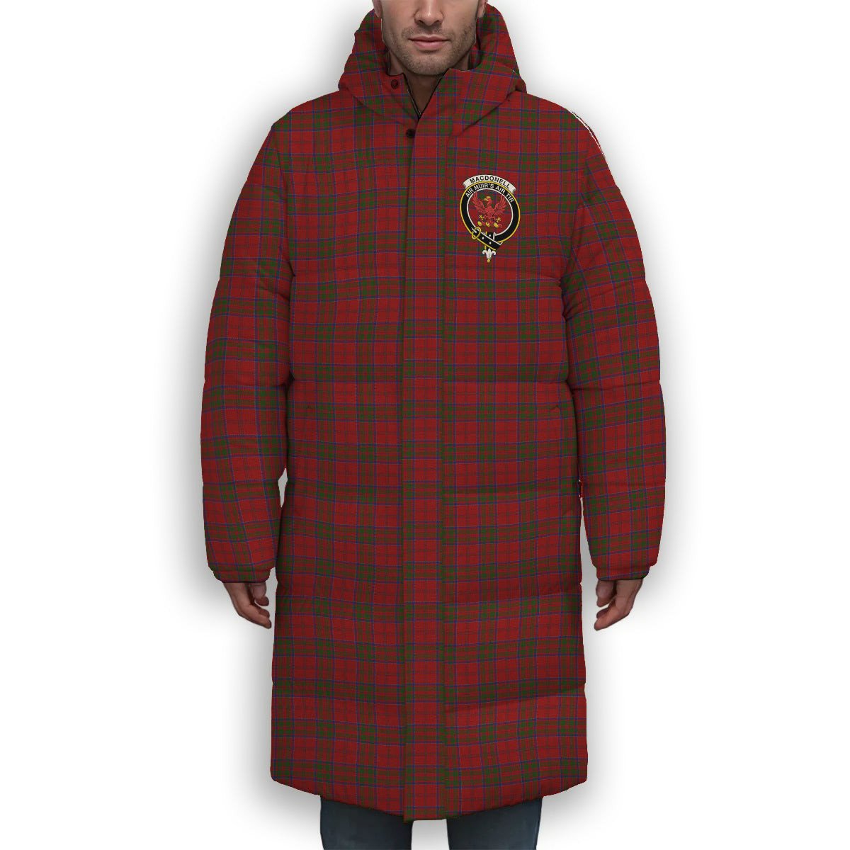 ScotsTee Shop Scottish MacDonell of Keppoch Crest Tartan Long Down Jacket Winter White Duck Down Plaid