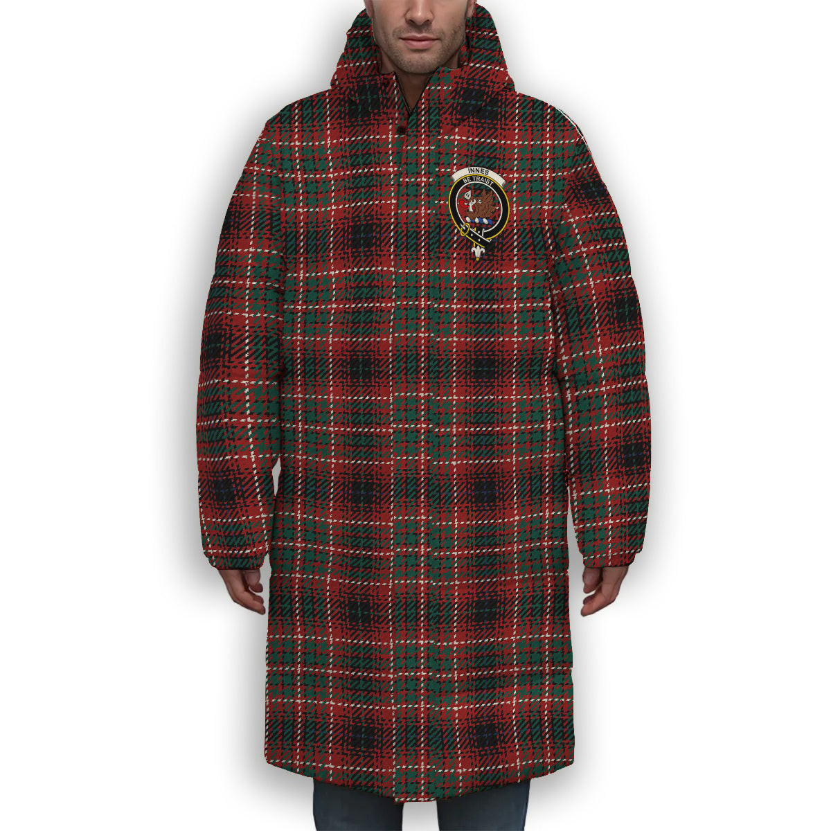 ScotsTee Shop Scottish Innes of Cowie Modern Crest Tartan Long Down Jacket Winter White Duck Down Plaid