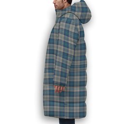 ScotsTee Shop Scottish Menzies Dress Blue and White Crest Tartan Long Down Jacket Winter White Duck Down Plaid