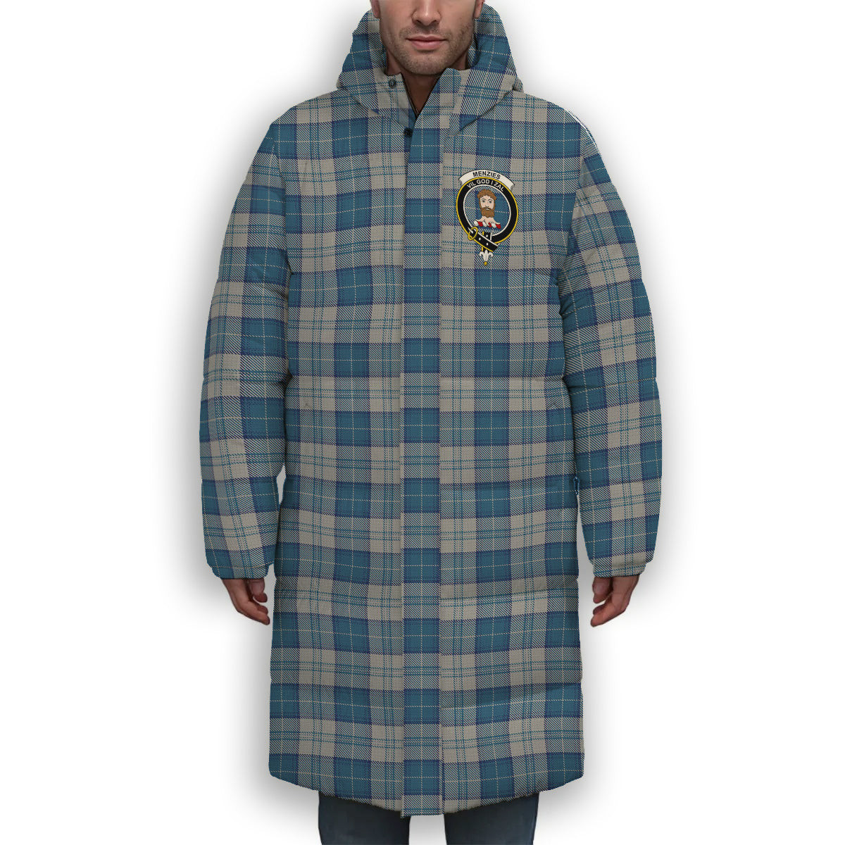 ScotsTee Shop Scottish Menzies Dress Blue and White Crest Tartan Long Down Jacket Winter White Duck Down Plaid