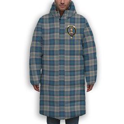 ScotsTee Shop Scottish Menzies Dress Blue and White Crest Tartan Long Down Jacket Winter White Duck Down Plaid