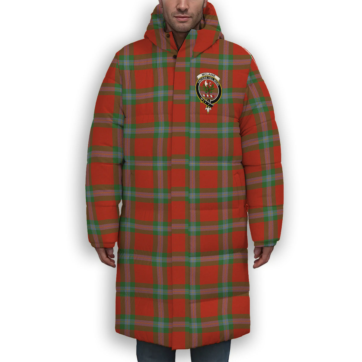 ScotsTee Shop Scottish McLaine of Loch Buie Ancient Crest Tartan Long Down Jacket Winter White Duck Down Plaid