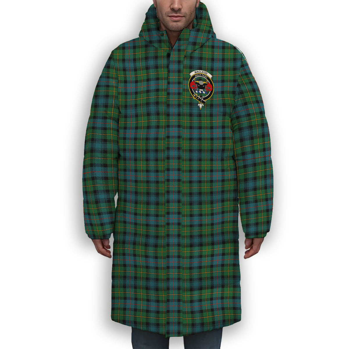 ScotsTee Shop Scottish MacLeod of Skye Ancient Crest Tartan Long Down Jacket Winter White Duck Down Plaid
