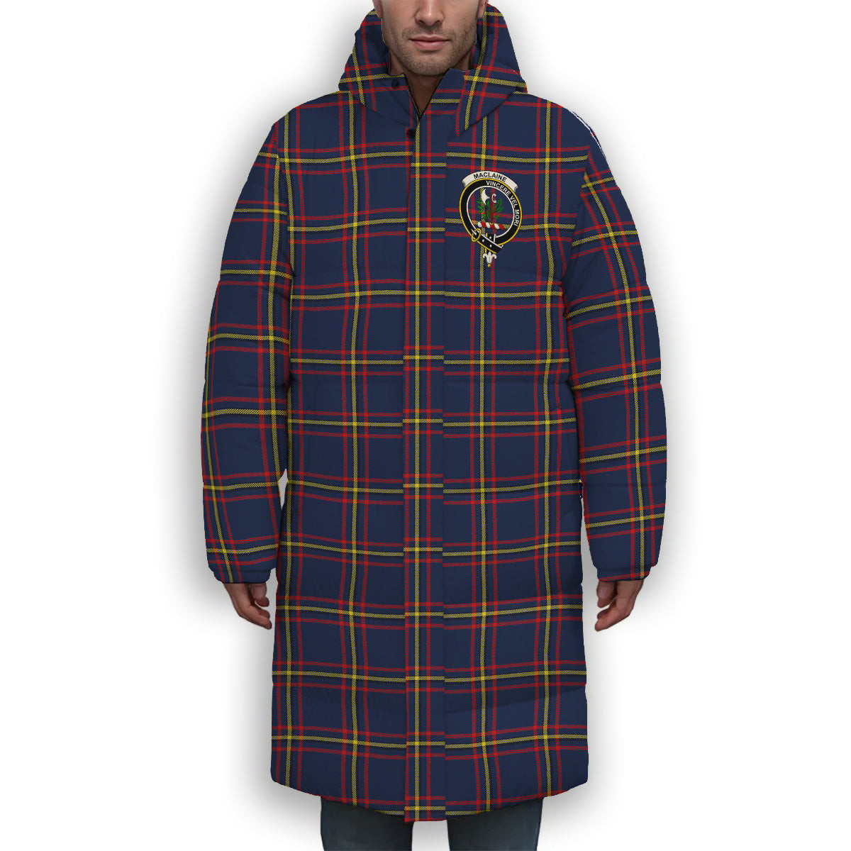ScotsTee Shop Scottish MacLaine of Lochbuie Hunting Modern Crest Tartan Long Down Jacket Winter White Duck Down Plaid