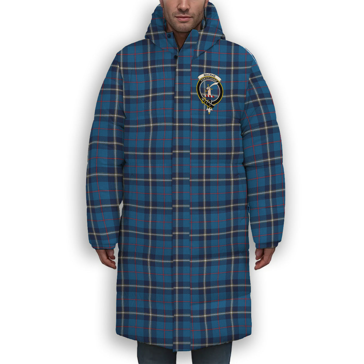ScotsTee Shop Scottish MacRae of America Modern Crest Tartan Long Down Jacket Winter White Duck Down Plaid