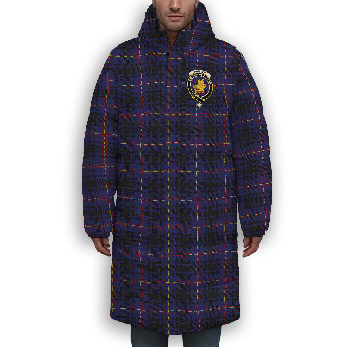 ScotsTee Shop Scottish MacIver of Strome Crest Tartan Long Down Jacket Winter White Duck Down Plaid