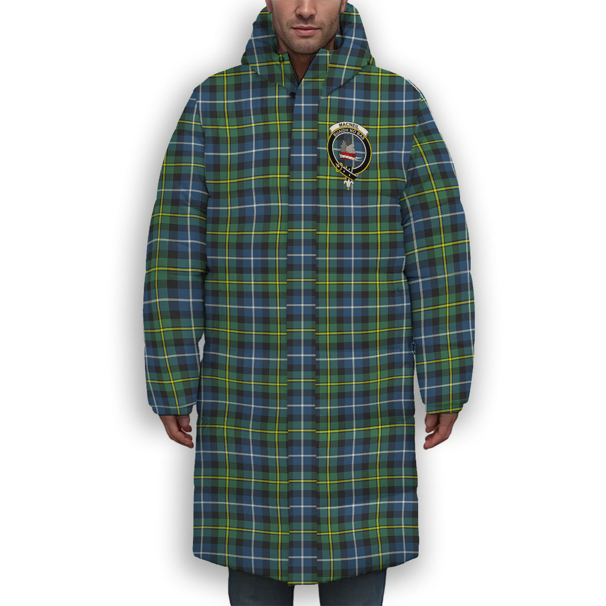 ScotsTee Shop Scottish MacNeill Of Barra Ancient Crest Tartan Long Down Jacket Winter White Duck Down Plaid