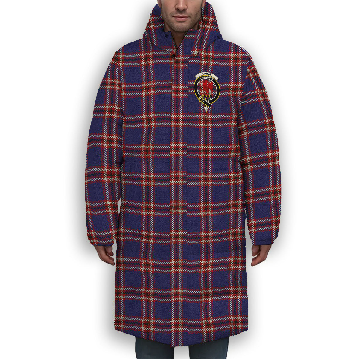 ScotsTee Shop Scottish Laing of Archiestown Crest Tartan Long Down Jacket Winter White Duck Down Plaid