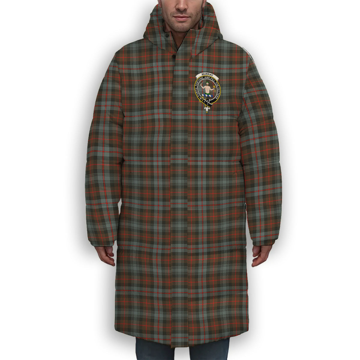 ScotsTee Shop Scottish Murray of Atholl Weathered Crest Tartan Long Down Jacket Winter White Duck Down Plaid