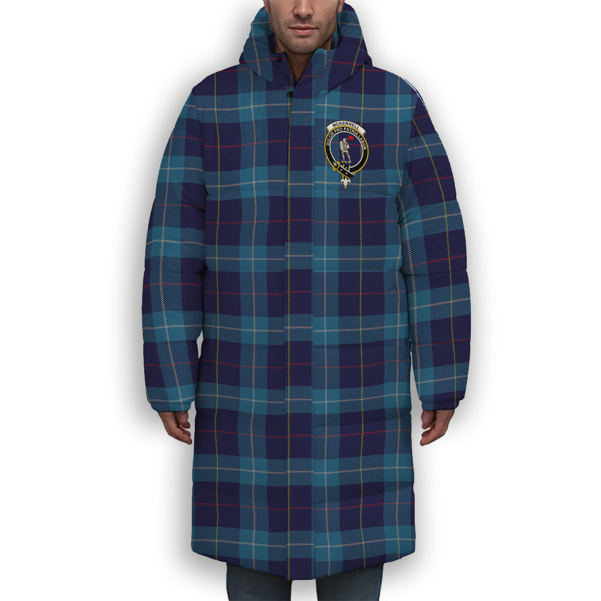 ScotsTee Shop Scottish McKerrell of Hillhouse Crest Tartan Long Down Jacket Winter White Duck Down Plaid
