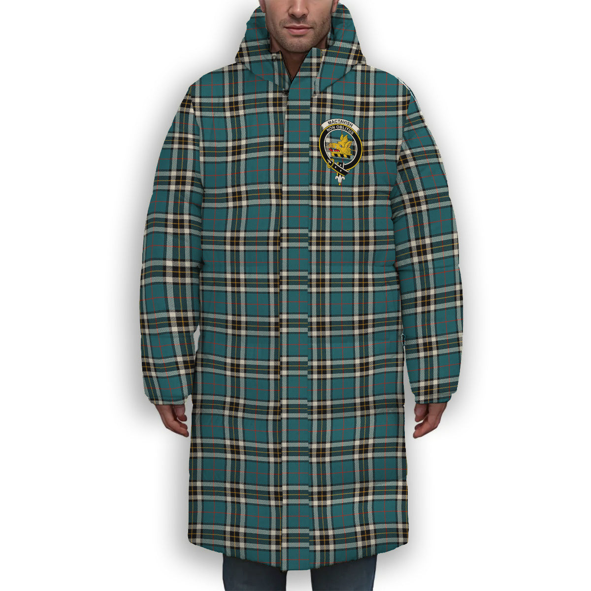 ScotsTee Shop Scottish MacTavish Dress Ancient Crest Tartan Long Down Jacket Winter White Duck Down Plaid