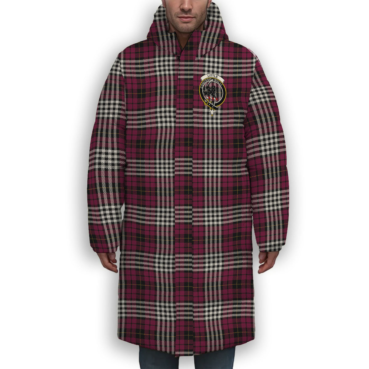 ScotsTee Shop Scottish Little of Morton Rigg Modern Crest Tartan Long Down Jacket Winter White Duck Down Plaid