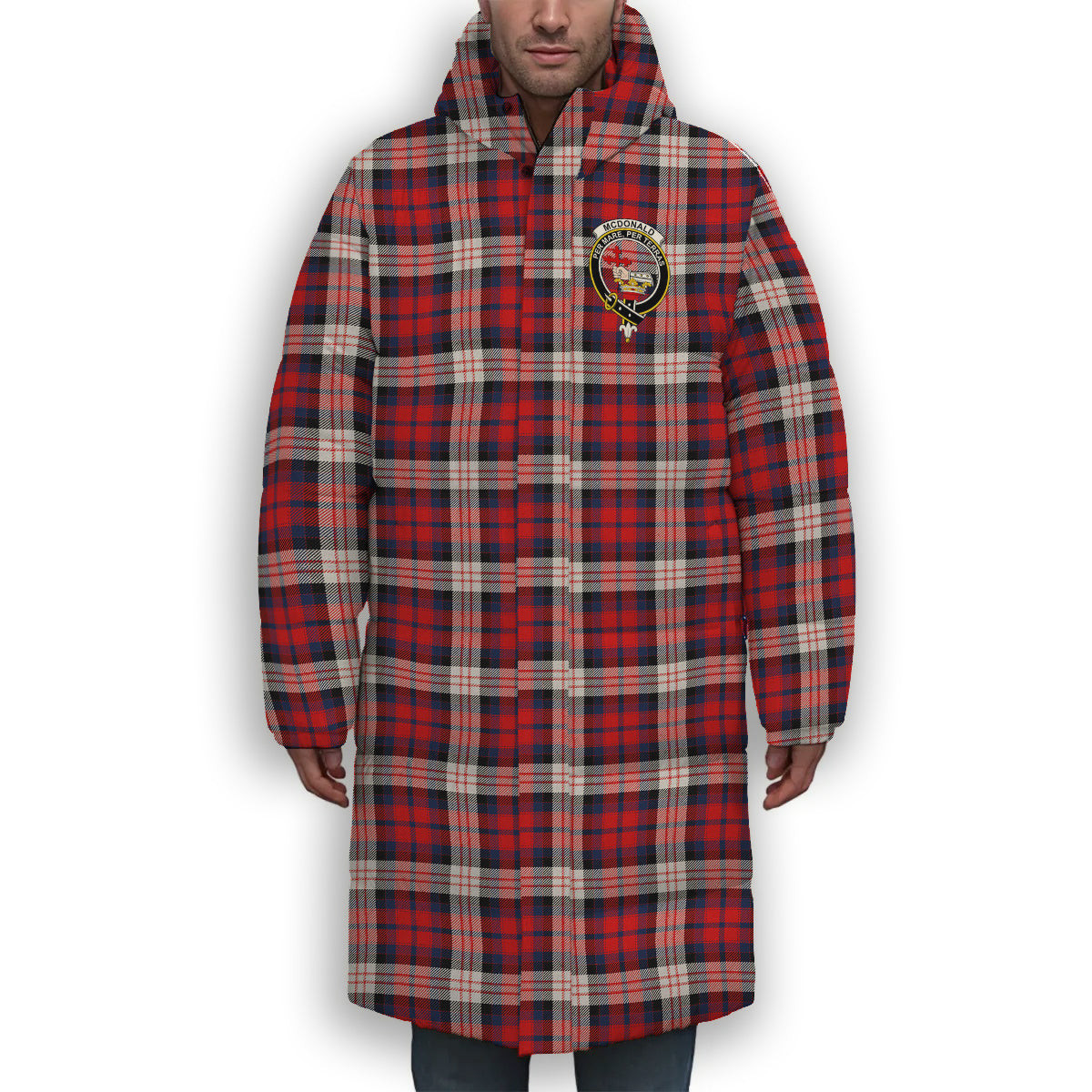 ScotsTee Shop Scottish McDonald Dress Irish Modern Crest Tartan Long Down Jacket Winter White Duck Down Plaid