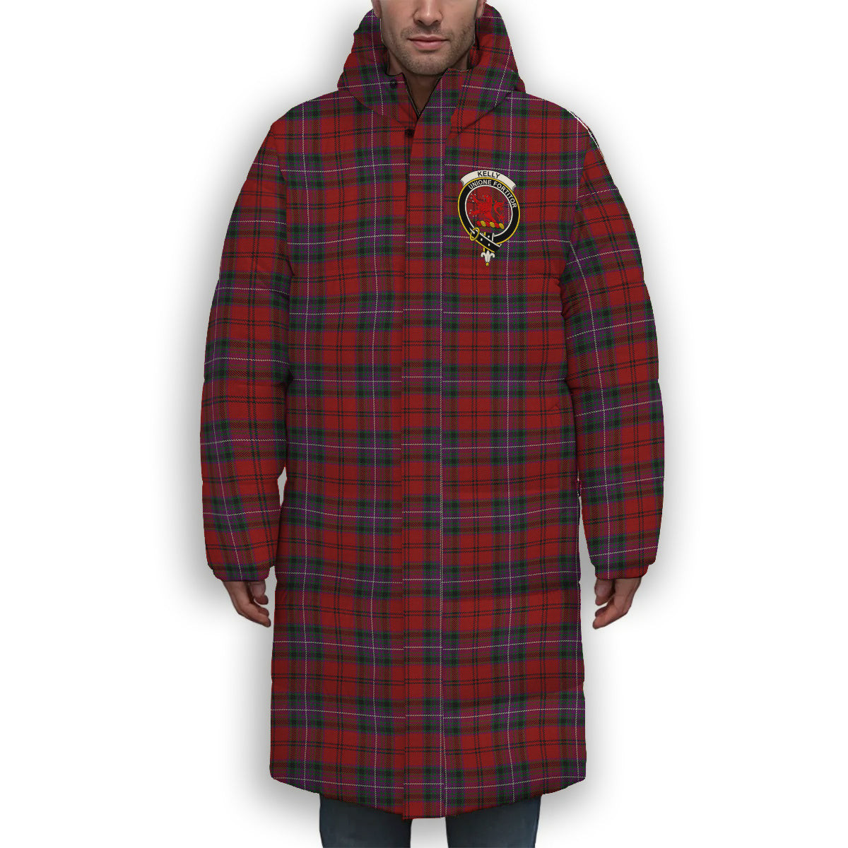 ScotsTee Shop Scottish Kelly of Sleat Red Crest Tartan Long Down Jacket Winter White Duck Down Plaid