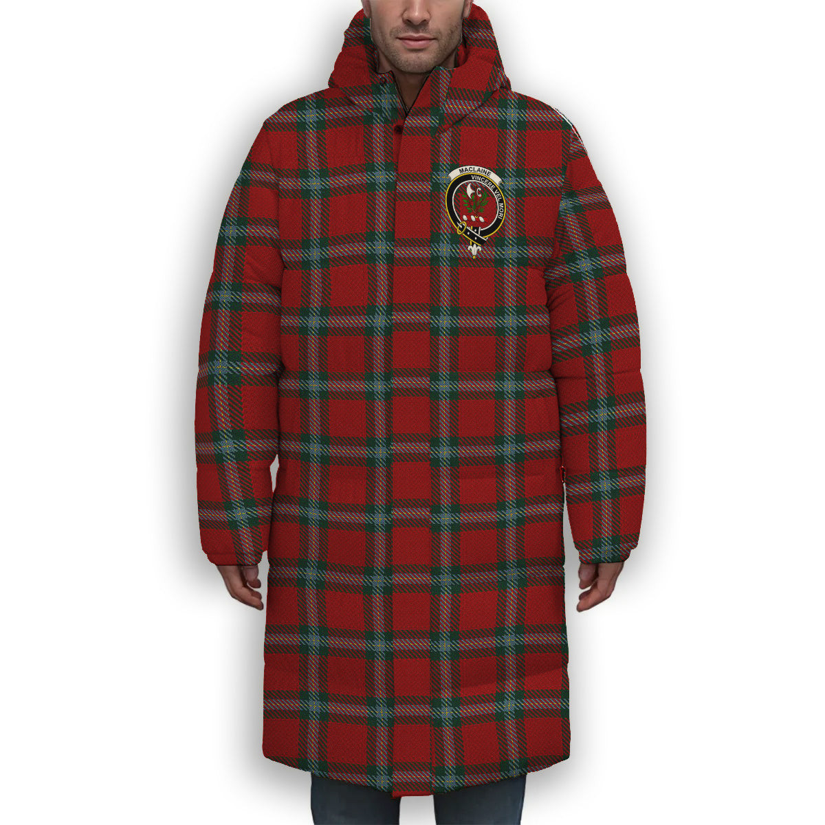 ScotsTee Shop Scottish MacLaine of Lochbuie Coburn Crest Tartan Long Down Jacket Winter White Duck Down Plaid