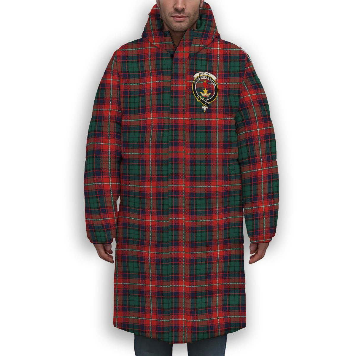 ScotsTee Shop Scottish Rattray of Lude Modern Crest Tartan Long Down Jacket Winter White Duck Down Plaid