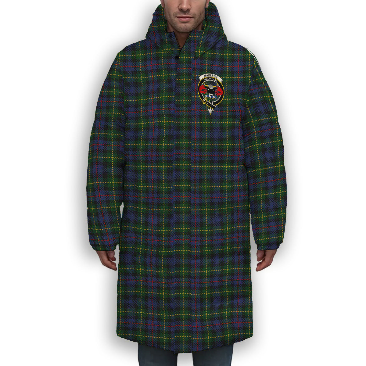 ScotsTee Shop Scottish MacLeod of Gesto 2 Crest Tartan Long Down Jacket Winter White Duck Down Plaid