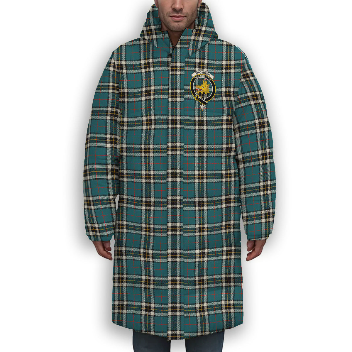 ScotsTee Shop Scottish Thomson Dress Blue Ancient Crest Tartan Long Down Jacket Winter White Duck Down Plaid