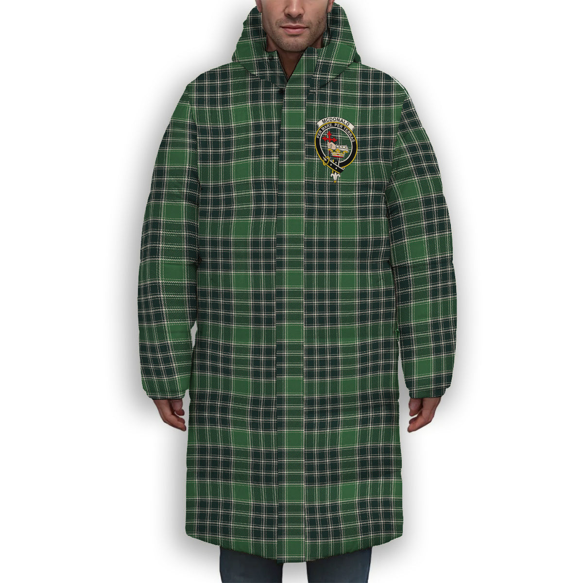 ScotsTee Shop Scottish McDonald Lord of the Isles Hunting Modern Crest Tartan Long Down Jacket Winter White Duck Down Plaid