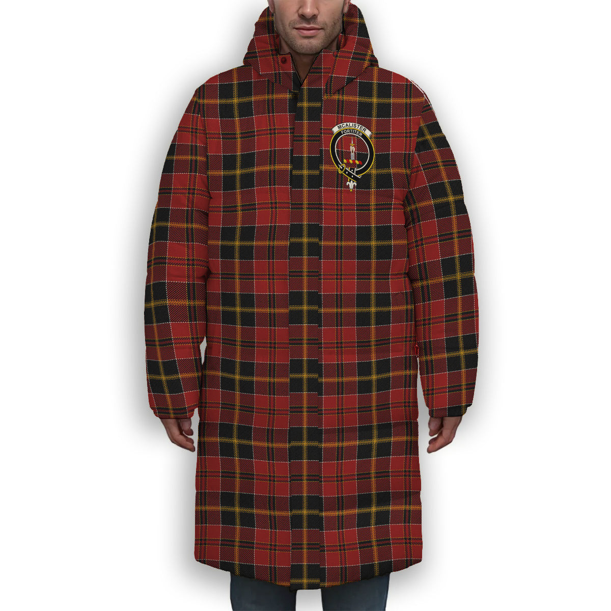 ScotsTee Shop Scottish McAlister of Skye Crest Tartan Long Down Jacket Winter White Duck Down Plaid