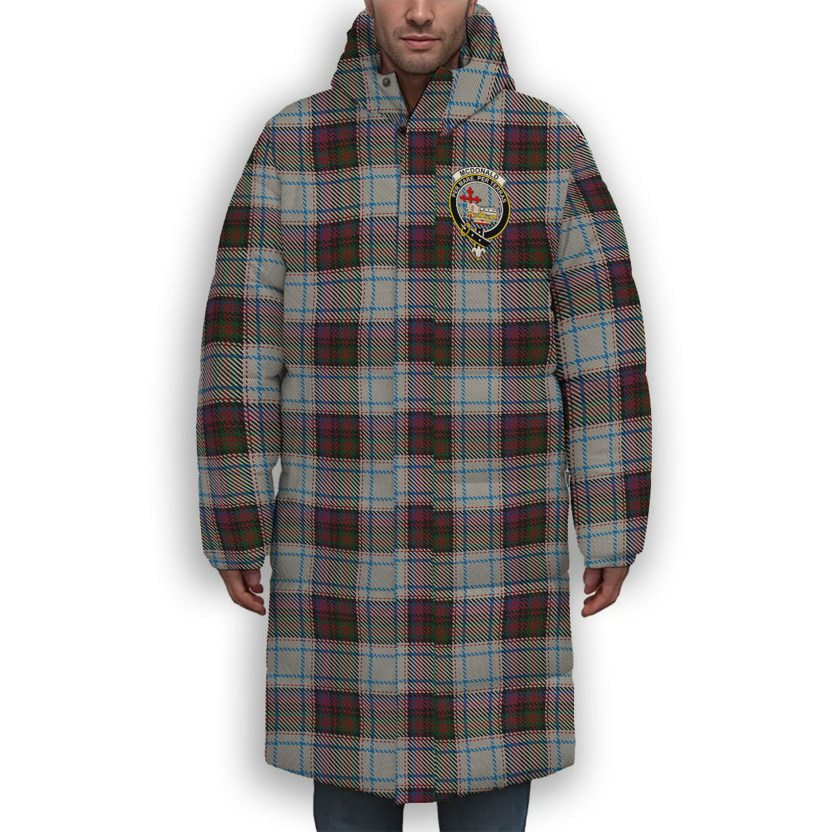 ScotsTee Shop Scottish McDonald Dress Ancient Crest Tartan Long Down Jacket Winter White Duck Down Plaid