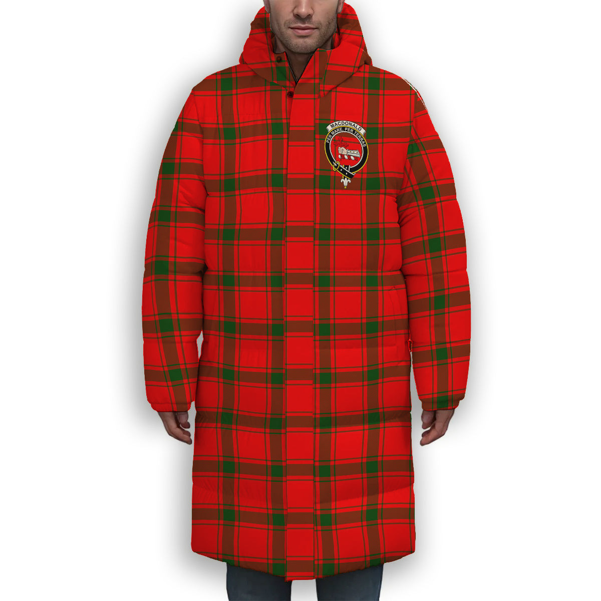 ScotsTee Shop Scottish MacDonald of Sleat SC Crest Tartan Long Down Jacket Winter White Duck Down Plaid
