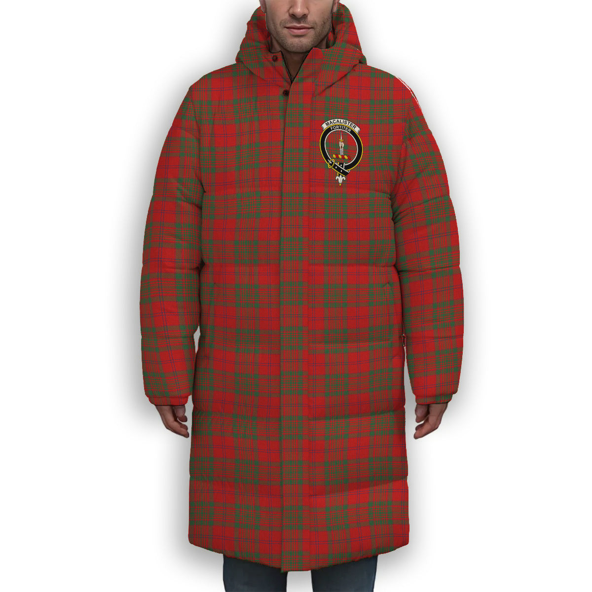 ScotsTee Shop Scottish MacAlister of Glenbarr Modern Crest Tartan Long Down Jacket Winter White Duck Down Plaid