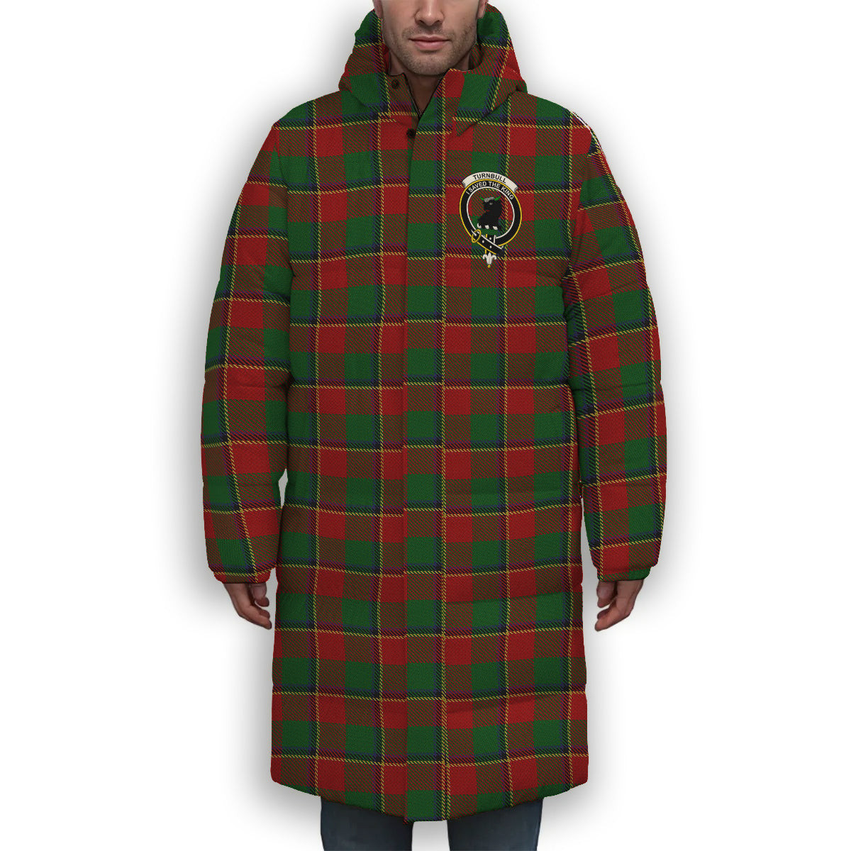 ScotsTee Shop Scottish Turnbull Dress Crest Tartan Long Down Jacket Winter White Duck Down Plaid