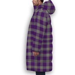 ScotsTee Shop Scottish Menzies Mauve and White Crest Tartan Long Down Jacket Winter White Duck Down Plaid