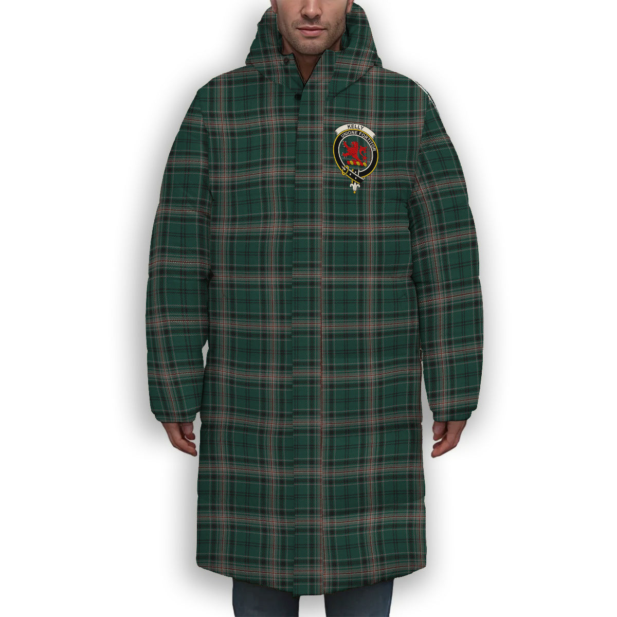 ScotsTee Shop Scottish Kelly of Sleat Hunting Crest Tartan Long Down Jacket Winter White Duck Down Plaid