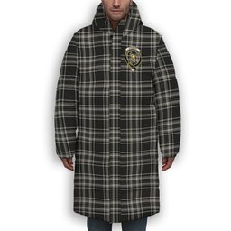 ScotsTee Shop Scottish Stewart Black and White Crest Tartan Long Down Jacket Winter White Duck Down Plaid