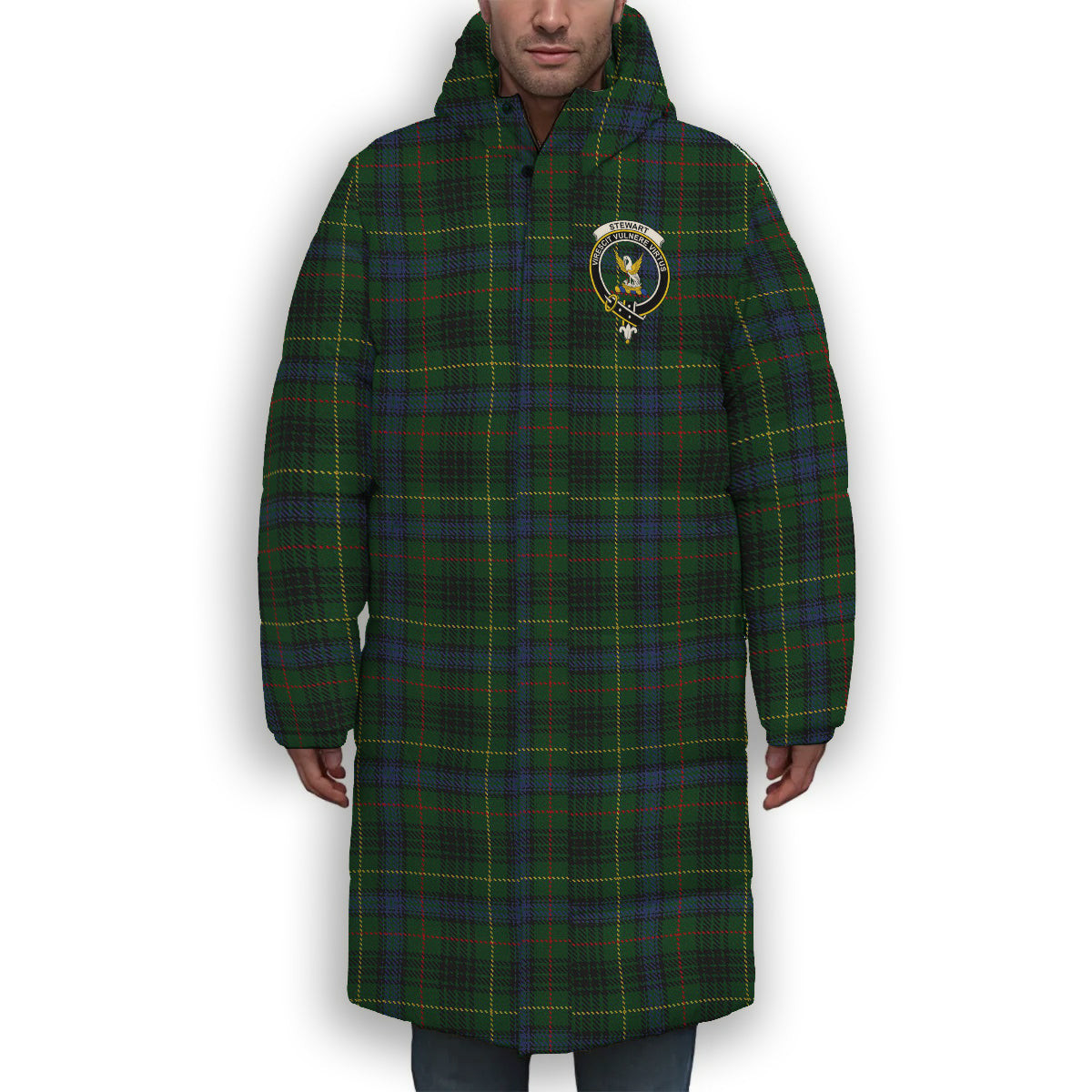 ScotsTee Shop Scottish Stewart Hunting Modern Crest Tartan Long Down Jacket Winter White Duck Down Plaid