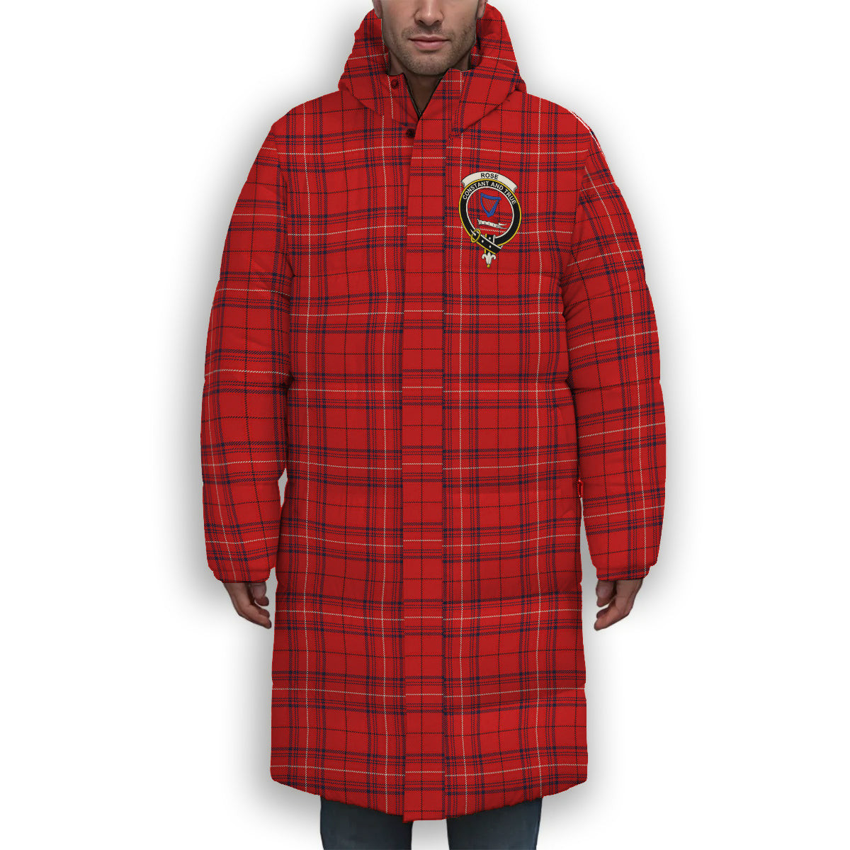 ScotsTee Shop Scottish Rose of Kilravock Modern Crest Tartan Long Down Jacket Winter White Duck Down Plaid