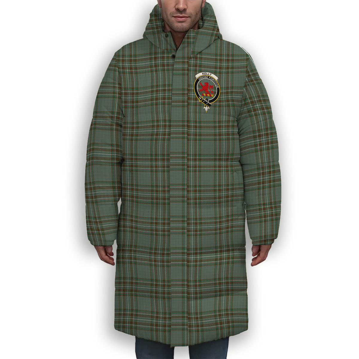 ScotsTee Shop Scottish Kelly Dress Crest Tartan Long Down Jacket Winter White Duck Down Plaid