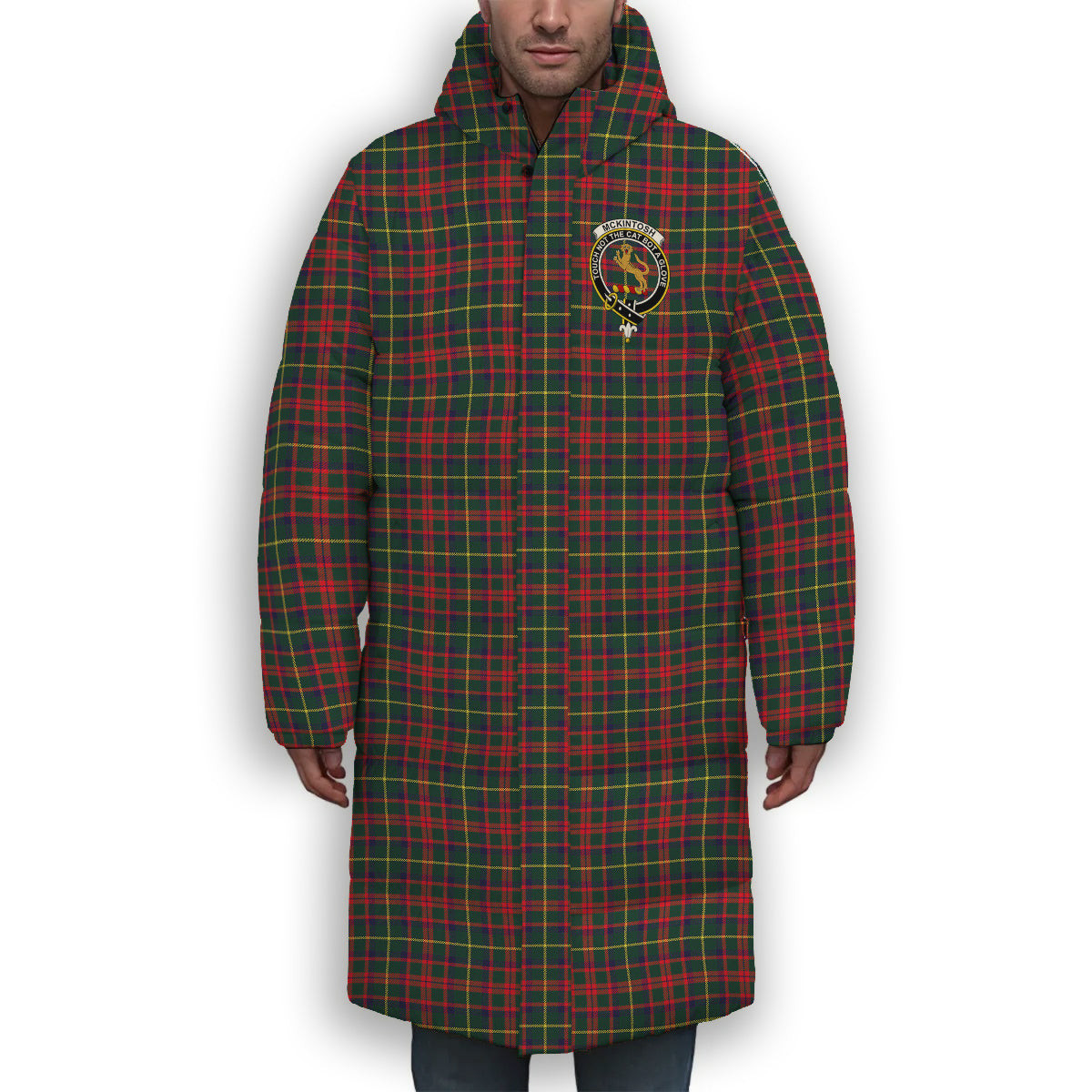 ScotsTee Shop Scottish McKintosh Hunting Modern Crest Tartan Long Down Jacket Winter White Duck Down Plaid