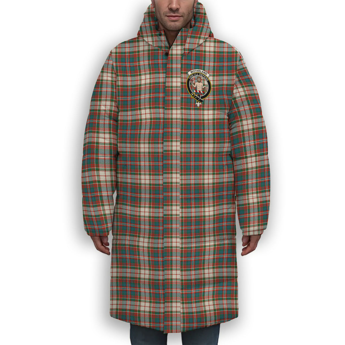 ScotsTee Shop Scottish McFarland Dress Ancient Crest Tartan Long Down Jacket Winter White Duck Down Plaid
