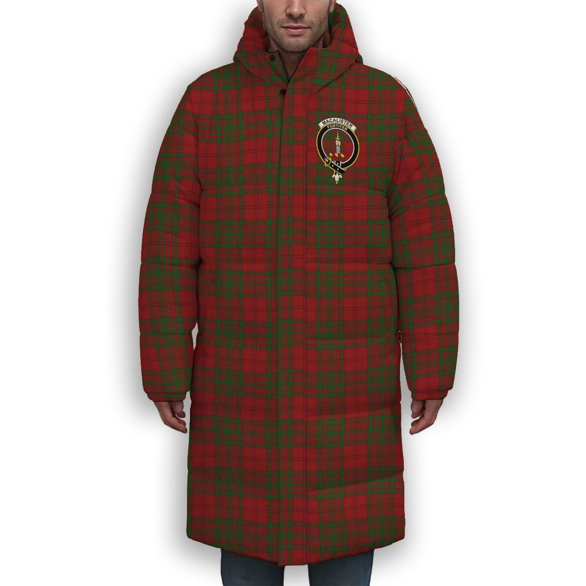 ScotsTee Shop Scottish MacAlister of Glenbarr Crest Tartan Long Down Jacket Winter White Duck Down Plaid