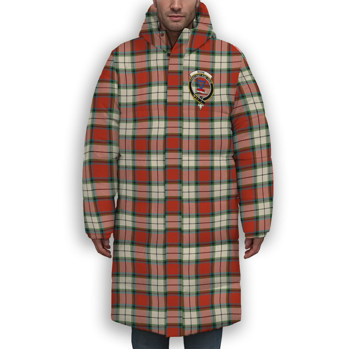 ScotsTee Shop Scottish Rose Dress Ancient Crest Tartan Long Down Jacket Winter White Duck Down Plaid