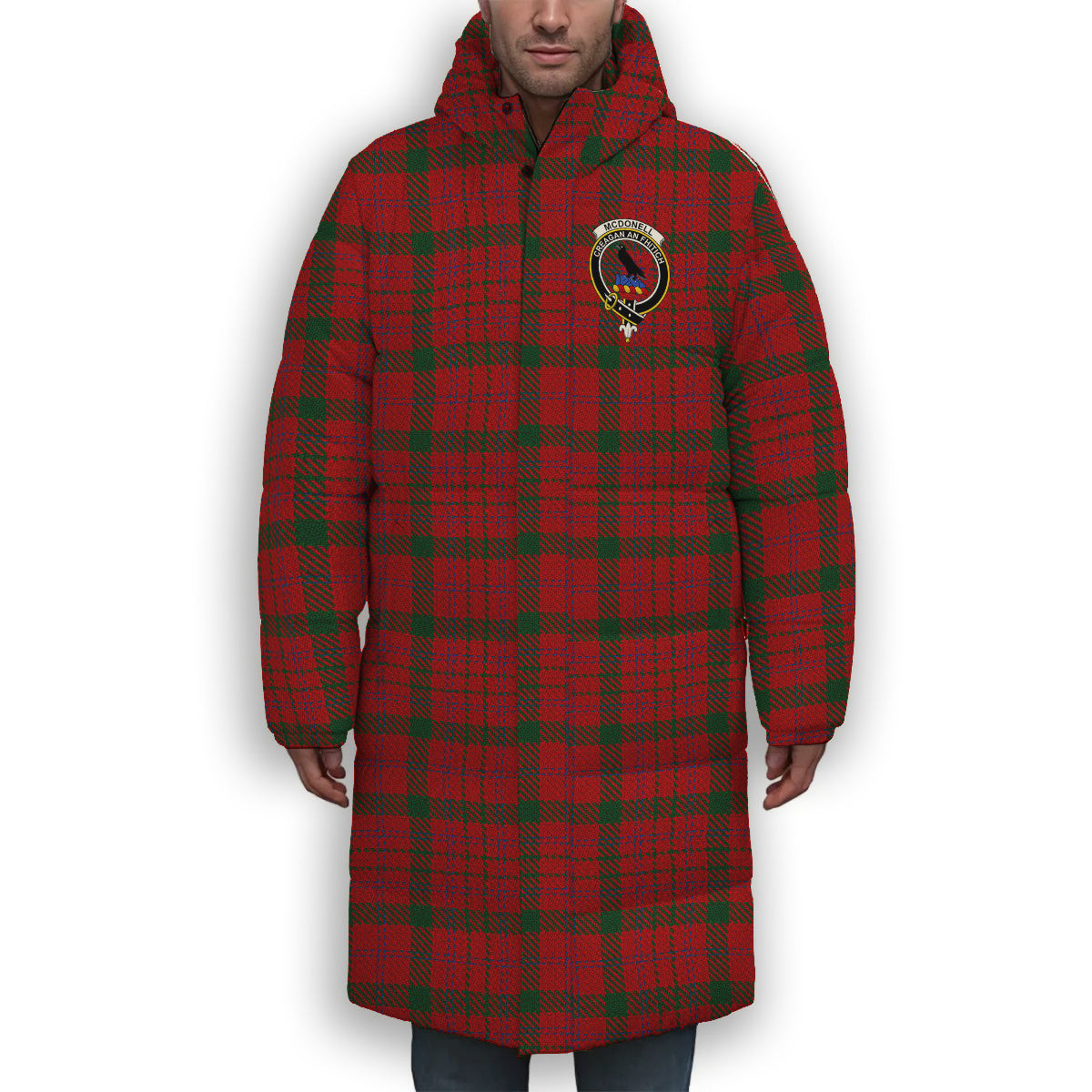 ScotsTee Shop Scottish McDonell of Keppoch Modern Crest Tartan Long Down Jacket Winter White Duck Down Plaid