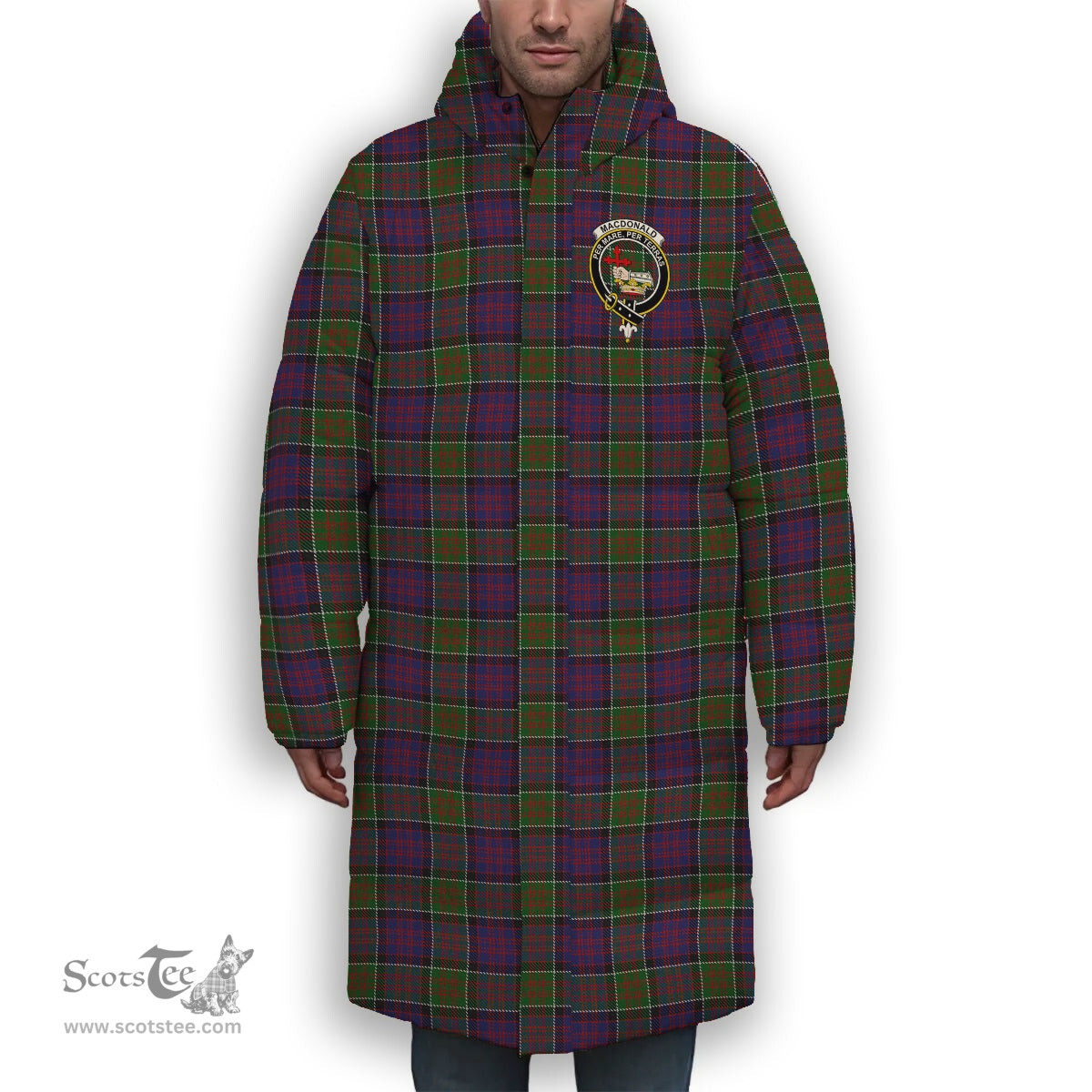 ScotsTee Shop Scottish MacDonald of Clanranald 2 Crest Tartan Long Down Jacket Winter White Duck Down Plaid