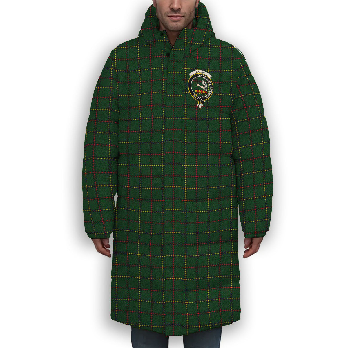 ScotsTee Shop Scottish Skene or Tribe of Mar Crest Tartan Long Down Jacket Winter White Duck Down Plaid