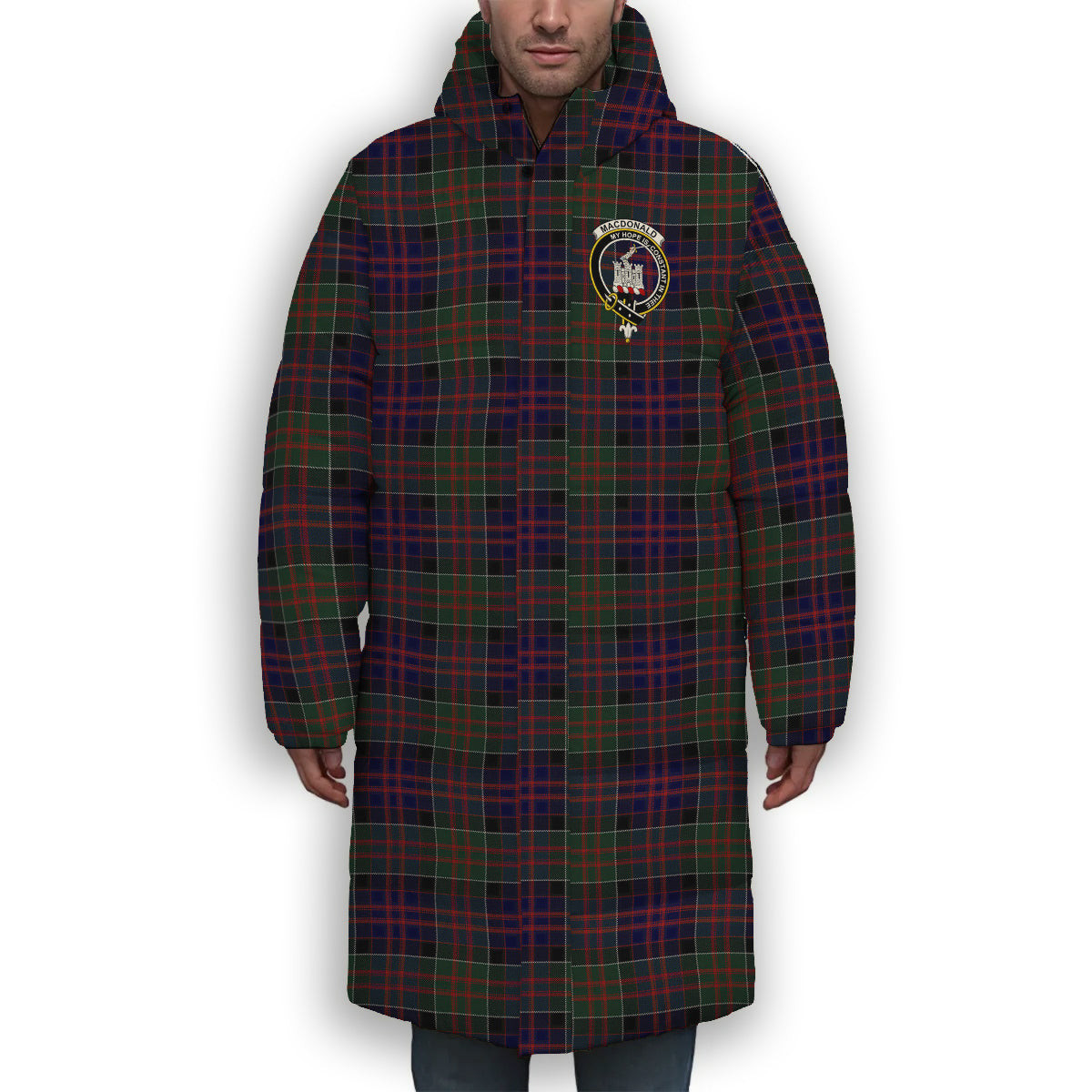 ScotsTee Shop Scottish MacDonald of Clan Ranald Crest Tartan Long Down Jacket Winter White Duck Down Plaid
