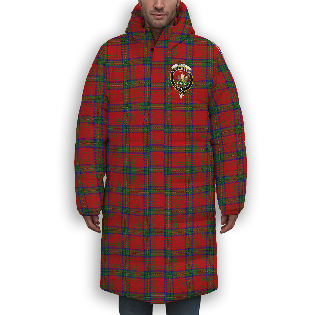 ScotsTee Shop Scottish Wood Dress Crest Tartan Long Down Jacket Winter White Duck Down Plaid