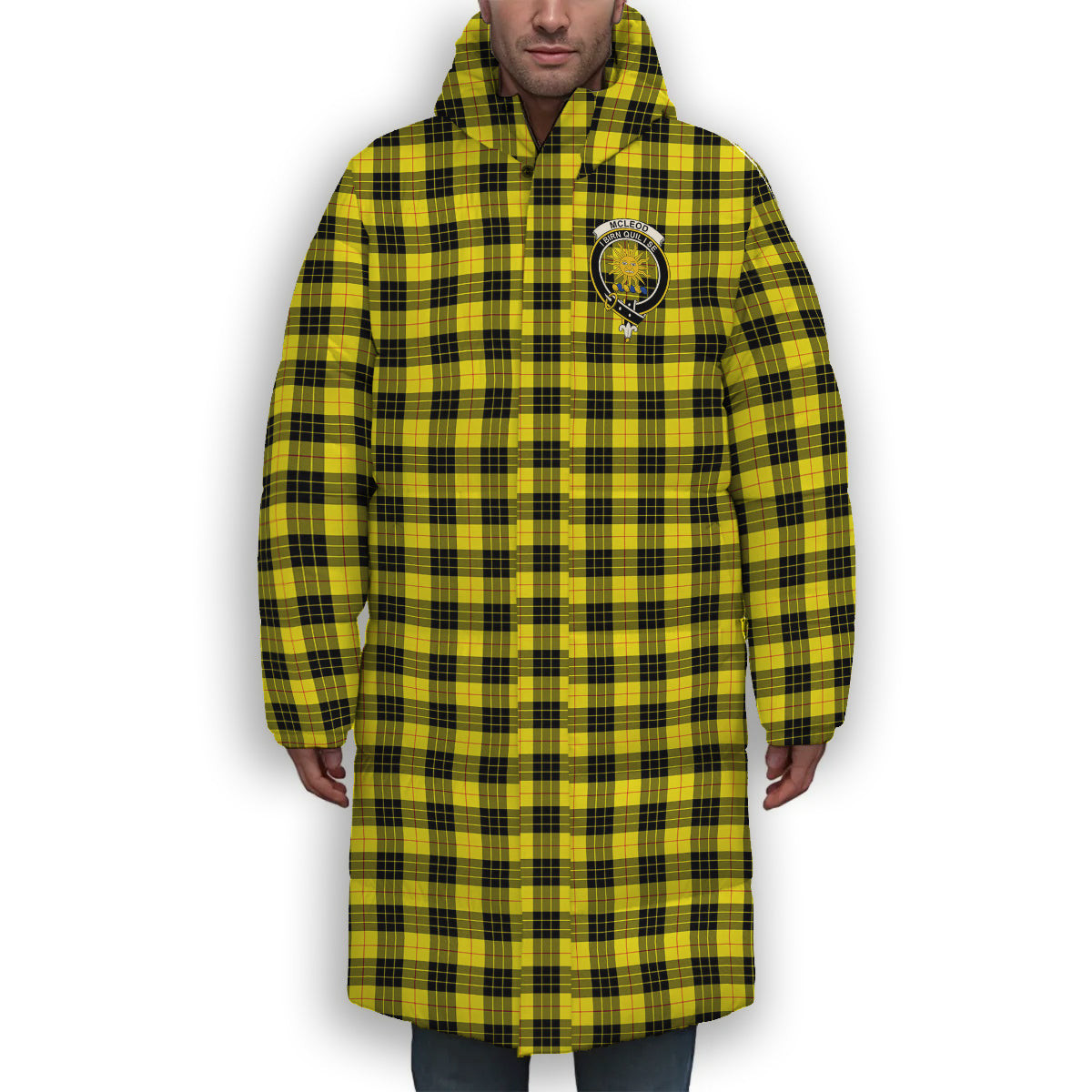 ScotsTee Shop Scottish McLeod of Lewis Modern Crest Tartan Long Down Jacket Winter White Duck Down Plaid